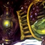 Detail. Notice the realistic depiction of the pewter coffee pot, and the reflections on the metal surface; a rather difficult effect to achieve, but a trademark of impressionist master of the Spanish School Dulce Beatriz.