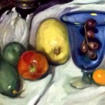 Detail. The masterful dominance of the artist Dulce Beatriz with the brush and palette is evident here, in the depiction of the surfaces of the various fruit, the blue glass, and the reflection of light off the surfaces.