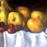 Detail. Pears and cherries.  Notice how the intensity of reflected light changes between those fruits in front and those in the back. Notice the folds of the tablecloth.